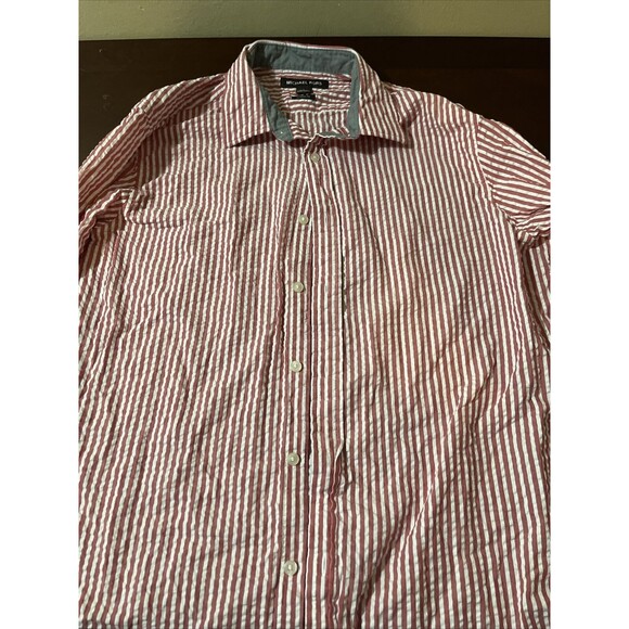 Michael Kors Button Up Shirt Men Medium Red White Striped LSleeve Seersucker LG - Picture 1 of 6